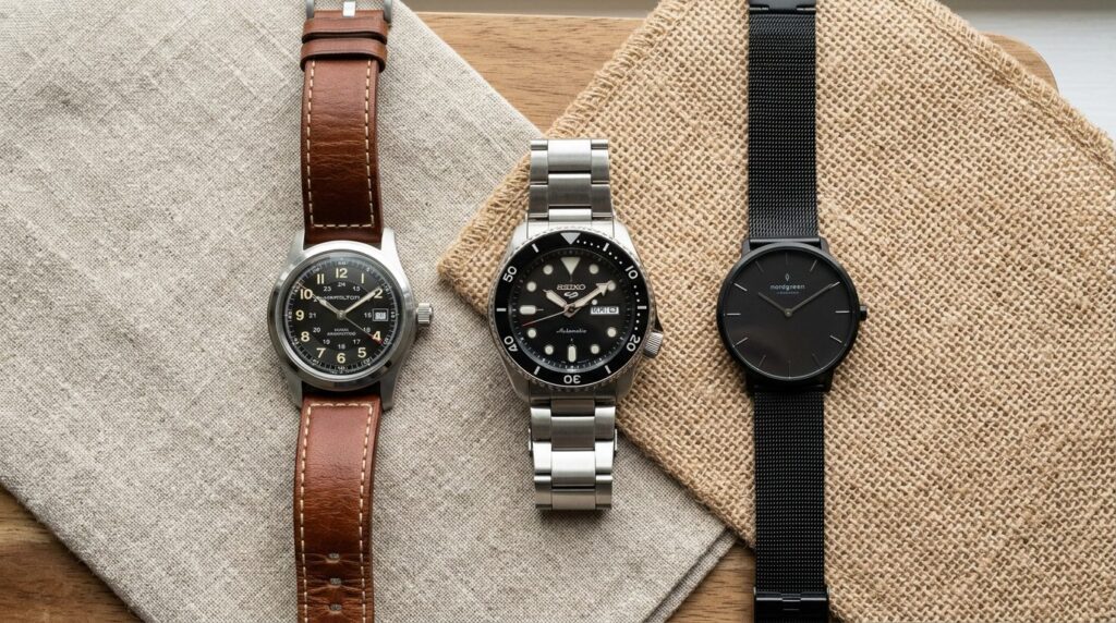 Overhead shot of three different everyday watches arranged o