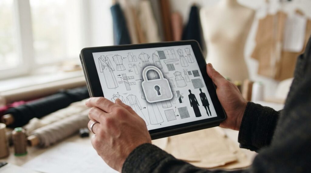 Close-up of hands holding a tablet displaying confidential f