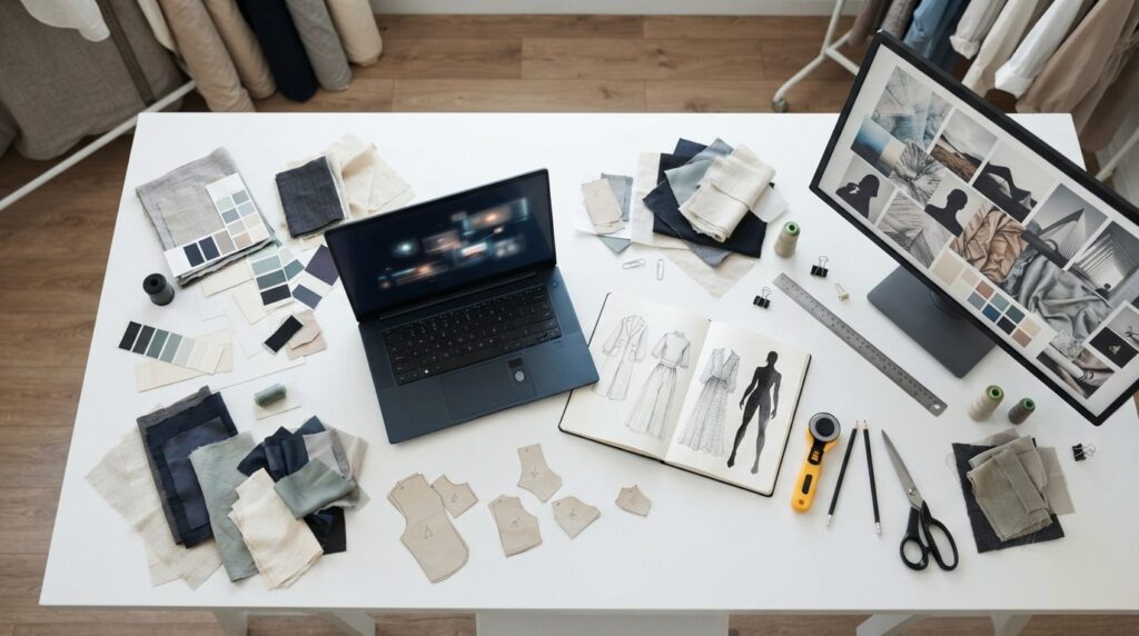 Overhead view of a fashion studio workspace with encrypted l