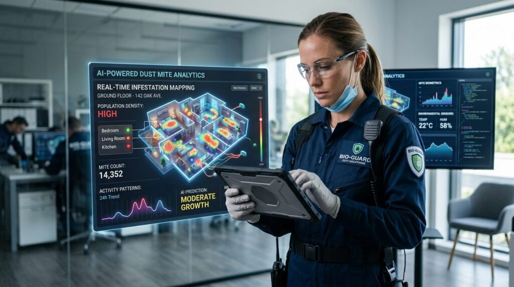 Modern pest control professional in protective gear analyzin