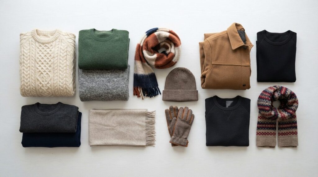 Flat lay product photography of curated secondhand winter es